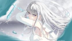  1girl absurdres braid breasts close-up clouds cloudy_sky commentary crown_braid dress elbow_gloves elf emilia_(re:zero) eyelashes flower gloves hair_flower hair_ornament highres holding holding_weapon ice long_hair looking_at_viewer magic medium_breasts mercaxy official_alternate_costume pointy_ears re:zero_kara_hajimeru_isekai_seikatsu rose simple_background sky solo upper_body violet_eyes weapon wedding_dress white_flower white_hair white_rose 