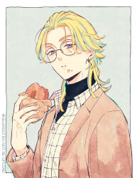  1boy aqua_hair blonde_hair commentary doughnut earrings eating food food_on_face haitani_rindou highres holding holding_donut holding_food jewelry long_sleeves male_focus medium_hair multicolored_hair niko20223 plaid_clothes plaid_shirt shirt simple_background streaked_hair tokyo_revengers two-tone_hair untranslatable_commentary violet_eyes wolf_cut 