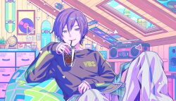  1boy black_shirt blue_eyes blue_hair blue_nails cd chair clothes_writing colorful colorful_palette cup dot_nose drinking_glass drinking_straw earrings fingernails game_cg go_all_out_(project_sekai) green_trim hand_up highres indoors jewelry kaito_(vocaloid) knee_up lamp looking_at_viewer male_focus nail_polish official_alternate_costume official_art open_mouth pants papasan_chair plant project_sekai shelf shirt short_hair single_earring sitting skateboard sleeves_past_wrists smile soda solo speaker third-party_source triangle vivid_bad_squad_kaito vocaloid white_pants white_trim 