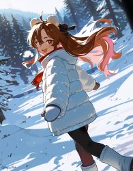  1girl :d absurdres animal_ear_hairband animal_ears bear_ear_hairband bear_ears black_pantyhose boots brown_hair coat commentary day double-parted_bangs english_commentary fake_animal_ears feet_out_of_frame forest hair_between_eyes hairband hepari highres hood hood_down hooded_coat long_hair long_sleeves looking_at_viewer mittens nature open_mouth original outdoors pantyhose red_eyes red_scarf scarf sharp_teeth smile snow snowing solo standing teeth thick_eyebrows tree upper_teeth_only white_boots white_coat white_hairband white_mittens 