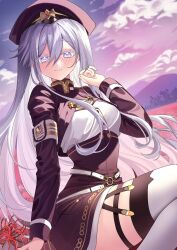  1girl 86_-eightysix- antenna_hair aol_lo_a belt blue_jacket blush colored_eyelashes flower garter_straps grey_eyes hair_between_eyes hat high-waist_skirt highres jacket long_hair looking_at_viewer military military_hat military_jacket military_rank_insignia military_uniform o-ring o-ring_belt single_hair_streak skirt smile solo spider_lily thigh-highs very_long_hair vladilena_millize white_belt white_hair white_thighhighs 