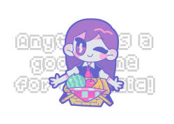  1girl apple banana blush bright_pupils chibi chibi_only closed_mouth collared_shirt colored_skin english_text food fruit highres hotokeforgame looking_at_viewer mari_(headspace)_(omori) mari_(omori) omori one_eye_closed picnic_basket purple_hair purple_sweater_vest shirt short_sleeves smile solo sweater_vest upper_body violet_eyes watermelon white_pupils white_shirt white_skin 