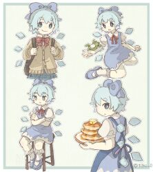 1girl alternate_costume blue_bow blue_dress blue_eyes blue_hair blue_shoes blue_skirt bow bowtie butter cardigan chigu cirno commentary_request detached_wings dress food frog hair_bow highres holding holding_plate ice ice_wings mary_janes multiple_views pancake pancake_stack pinafore_dress plate puffy_short_sleeves puffy_sleeves red_bow red_bowtie school_uniform shoes short_sleeves sitting skirt sleeveless sleeveless_dress socks touhou twitter_username white_socks wings yellow_cardigan 