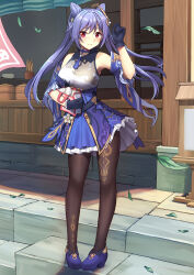  1girl absurdres bag bare_shoulders black_gloves breasts brown_pantyhose chinese_commentary commentary_request cone_hair_bun detached_sleeves double_bun dress falling_leaves food frills full_body genshin_impact gloves hair_bun high_heels highres holding holding_bag keqing_(genshin_impact) leaf long_hair looking_at_viewer medium_breasts pantyhose purple_dress purple_hair purple_shoes shoes sleeveless sleeveless_dress smile solo srwsrx_(gp03dsrx) tassel twintails violet_eyes wide_sleeves 