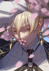 1boy arm_up blonde_hair bracelet close-up collared_shirt colored_eyelashes commentary_request earrings fate_(series) flower flower_in_mouth gilgamesh_(fate) gold_bracelet gold_earrings hair_between_eyes harness highres jewelry long_sleeves looking_at_viewer male_focus mouth_hold official_alternate_costume pink_flower raisakaki01 red_eyes shirt short_hair solo white_shirt 