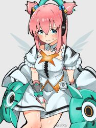  1girl absurdres aria_(zenless_zone_zero) aria_(zenless_zone_zero)_(cosplay) blue_eyes bocchi_the_rock! breasts commentary_request cosplay cowboy_shot cube_hair_ornament dress gotoh_hitori grey_background gu00hy hair_between_eyes hair_ornament halo highres long_hair looking_at_viewer pink_hair puffy_short_sleeves puffy_sleeves short_sleeves simple_background solo sweatdrop white_dress zenless_zone_zero 