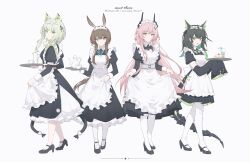  4girls :d absurdres alternate_costume amiya_(arknights) animal_ear_fluff animal_ears apron arknights black_dress black_horns black_shoes black_sleeves black_tail blue_bow blue_bowtie blue_eyes bow bowtie cake cake_slice chinese_commentary commentary_request cup detached_sleeves dress drink drinking_straw english_text enmaided food frilled_apron frilled_dress frills green_eyes green_hair hair_between_eyes highres holding holding_tray horns juliet_sleeves kal'tsit_(arknights) long_hair long_sleeves looking_at_viewer maid maid_apron maid_headdress mon3tr_(arknights) multiple_girls no_socks official_alternate_costume open_mouth pantyhose petticoat pink_eyes pink_hair puffy_short_sleeves puffy_sleeves sflr shoes short_sleeves simple_background single_sleeve_past_fingers skirt_hold smile tail teacup theresa_(arknights) tray white_apron white_background white_pantyhose 