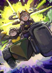  >_< 2girls black_hair brown_hair closed_eyes closed_mouth duel_monster explosion i:p_masquerena ishii_(young-moon) long_hair motor_vehicle motorcycle multiple_girls on_motorcycle riding s-force_rappa_chiyomaru s:p_little_knight twintails yu-gi-oh! 