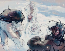  1boy 1girl amamoma animal_ears antlers boots character_snowman closed_eyes coat commentary deer_ears deltarune earmuffs english_commentary furry furry_female grin holding holding_snowball hood hood_down hooded_coat horns kris_(deltarune) leggings limited_palette long_hair long_sleeves looking_at_another noelle_holiday open_clothes open_coat open_mouth pants rabbick_(deltarune) ralsei reindeer_antlers reindeer_girl sharp_teeth short_hair skirt smile snow snowball snowball_fight snowing snowman susie_(deltarune) sweater_vest teeth utdr_(toby_fox) 