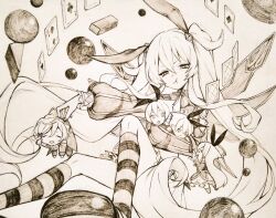  1boy 4girls alice_(grimms_notes) alice_(original)_(grimms_notes) bubble_skirt card chaos_alice_(grimms_notes) chaos_alice_(original)_(grimms_notes) chibi closed_eyes closed_mouth fingernails grimms_notes hair_between_eyes lewis_carroll_(grimms_notes) lewis_carroll_(original)_(grimms_notes) long_hair long_sleeves multiple_girls multiple_persona outstretched_arm parted_lips playing_card pout puffy_long_sleeves puffy_sleeves shino_(5no) skirt smile socks spiky_hair striped_clothes striped_socks traditional_media twintails vertical-striped_sleeves very_long_hair 