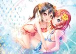  2girls :d :o barefoot bikini black_hair blue_eyes breasts bubble esphy flower frilled_bikini frills hair_flower hair_ornament kneeling looking_at_viewer love_live!_school_idol_project multiple_girls navel nishikino_maki open_mouth red_eyes redhead short_hair short_twintails side-tie_bikini smile string_bikini swimsuit thighs twintails wristband yazawa_nico 