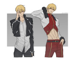  1boy arm_behind_head belt belt_buckle black_belt black_jacket blonde_hair buckle clenched_teeth closed_mouth commentary cowboy_shot cropped_jacket fate/hollow_ataraxia fate_(series) fur_trim gilgamesh_(fate) gilgamesh_(immoral_biker_jacket)_(fate) hair_between_eyes hand_on_own_chest hand_up high_collar highres jacket long_sleeves looking_at_viewer male_focus midriff multiple_views navel open_clothes open_jacket pants parted_lips raisakaki01 red_eyes shirt short_hair teeth twitter_username two-tone_background white_shirt 