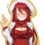  1girl ^_^ aty_(summon_night) blush breasts cleavage cleavage_cutout closed_eyes hat long_hair open-chest_sweater redhead ribbed_sweater smile solo summon_night summon_night_3 sweater turtleneck 