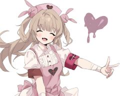  1girl :d ^_^ apron bandaged_wrist bandages bey_(bey01st) center_frills closed_eyes commentary_request facing_viewer fang frills hair_ornament hand_up hat heart heart_print highres long_hair natori_sana natori_sana_(nurse) nurse_cap open_mouth pink_apron puffy_short_sleeves puffy_sleeves rabbit_hair_ornament sana_channel short_sleeves simple_background smile solo two_side_up upper_body v virtual_youtuber white_background 