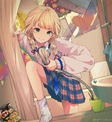  1girl absurdres bathroom blonde_hair blue_necktie blue_skirt braid bug butterfly bym_osakana chips_(food) cowboy_shot crew_neck cup curtain_grab curtains dot_nose food green_eyes hair_ribbon hands_up hashtag-only_commentary head_tilt highres holding indoors jacket kaburaki_roco kaburaki_roco_(school_uniform) leaning_forward legs long_sleeves looking_at_viewer loose_socks medium_hair microskirt necktie nijisanji open_mouth parted_lips plaid_clothes plaid_necktie plaid_skirt pleated_skirt purple_ribbon pushing ribbon school_uniform shower_head single_sock sink skirt smile snack socks solo standing sweater teeth thighs twin_braids twitter_username virtual_youtuber white_pelvic_curtain white_socks white_sweater 