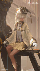  1girl absurdres black_beacon black_shoes bow bowtie closed_eyes colored_eyelashes copyright_name copyright_notice dark-skinned_female dark_skin facing_down gloves hat highres indoors jacket ladder logo long_hair miniskirt mortarboard ninsar_(black_beacon) official_art official_wallpaper ponytail shirt shoes sitting skirt statue stepladder white_gloves white_hair white_shirt yellow_bow yellow_bowtie yellow_jacket yellow_skirt 