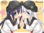  2girls akatsuki_(kantai_collection) blue_hair bust cheek-to-cheek expressive_hair hat heart heart_hair hibiki_(kantai_collection) interlocked_fingers kantai_collection looking_at_viewer multiple_girls musouzuki neckerchief open_mouth school_uniform serafuku silver_hair smile 