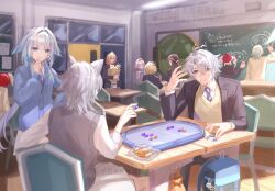  3boys 6+girls aglaea_(honkai:_star_rail) anaxa_(honkai:_star_rail) animal_ears bag black_hair blonde_hair blue_eyes blue_hair blue_necktie blue_sweater blue_vest board_game cardigan castorice_(honkai:_star_rail) cat_ears cat_girl cerydra_(honkai:_star_rail) chalkboard chrysos_heirs_(honkai:_star_rail) cipher_(honkai:_star_rail) classroom dice green_hair grey_cardigan grey_hair hat highres holding holding_bag holding_dice honkai:_star_rail honkai_(series) hyacine_(honkai:_star_rail) hysilens_(honkai:_star_rail) laurel_crown long_hair multiple_boys multiple_girls mydei_(honkai:_star_rail) necktie phainon_(honkai:_star_rail) pink_hair playing_games purple_hair red_hat school_bag school_uniform short_hair sweater tanemaki_monaka tribbie_(honkai:_star_rail) twintails very_long_hair vest white_hair yellow_cardigan 