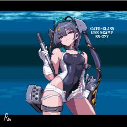  1girl breasts character_name commentary_request commission covered_navel cowboy_shot e79 garrison_cap hair_ornament hat headgear holding holding_torpedo kantai_collection letterboxed looking_at_viewer one-piece_swimsuit open_fly pixel_art purple_hair rigging scamp_(kancolle) short_shorts shorts side_ponytail small_breasts smirk solo swimsuit thigh_strap torpedo underwater violet_eyes 