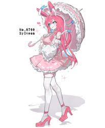  1girl absurdres animal_ears blue_sclera blunt_bangs bow breasts character_name colored_sclera commentary detached_sleeves dress full_body high_heels highres holding holding_umbrella long_hair looking_at_viewer parasol personification pink_dress pink_hair pink_shoes pokedex_number pokemon ribbon shoes simple_background smile solo standing sylveon tail thigh-highs togetoge umbrella white_background white_eyes white_sleeves white_thighhighs 