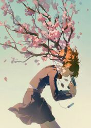  black_jacket black_skirt branch cherry_blossoms closed_eyes commentary_request digital_walkman earphones_removed evoker gekkoukan_high_school_uniform gun gun_to_head highres holding holding_gun holding_weapon jacket leaning_forward long_sleeves mp3_player persona persona_3 persona_3_portable red_hair s.e.e.s school_uniform shiomi_kotone shiosakana shirt skirt symbolism walkman_nw-s203f weapon white_shirt wind 