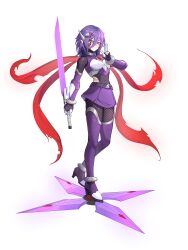  1girl absurdres adapted_costume alternate_costume alternate_hair_color alternate_hairstyle armored_boots assault_visor belt body_armor bodystocking bodysuit boots breasts chest_jewel commission commissioner_upload covered_navel crosshair_pupils energy_sword facial_mark fishnet_bodystocking fishnets forehead_jewel full_body gauntlets genderswap genderswap_(mtf) gloves hair_ornament hidden_phantom_(mega_man) high_heel_boots high_heels highres kuji-in long_bangs long_hair long_scarf mechanical_ears mega_man_(series) mega_man_zero_(series) missing_headwear multicolored_hair non-web_source pink_hair purple_hair scarf shuriken skirt small_breasts solo sword thigh_boots thighs transparent_background two-tone_hair uta_guipiy violet_eyes weapon 