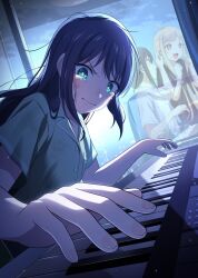  1girl black_hair cho_kaguya-hime! closed_mouth commentary_request crying crying_with_eyes_open different_reflection dirty dirty_clothes dirty_face green_eyes green_shirt highres instrument kaguya_(cho_kaguya-hime!) keyboard_(instrument) long_hair plaid_clothes reflection sakayori_iroha setsuna_(l9in1cszw3f6qsq) shirt star-shaped_pupils star_(symbol) symbol-shaped_pupils tears 