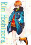  1girl bag boots coat gloves handbag hoshizora_rin looking_at_viewer love_live!_school_idol_project mouth_hold orange_hair pocky short_hair skirt smile solo sweater tima yellow_eyes 
