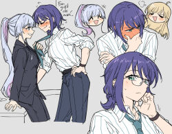  +++ 3girls ^_^ absurdres ahoge alternate_costume alternate_hairstyle alternate_universe bespectacled blonde_hair blue_eyes blush cho_kaguya-hime! closed_eyes clothes_grab commentary covering_own_mouth dumd english_commentary face-to-face facing_another flying_sweatdrops full-face_blush glasses green_eyes green_necktie grey_background grey_hair grin hand_on_own_hip hand_over_own_mouth highres kaguya_(cho_kaguya-hime!) long_hair long_sleeves looking_at_another medium_hair multicolored_eyes multicolored_hair multiple_girls necktie necktie_grab neckwear_grab pink_eyes pink_hair ponytail purple_hair runami_yachiyo sakayori_iroha smile translation_request two-tone_hair very_long_hair vietnamese_text wavy_mouth yuri 