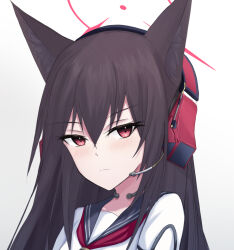  1girl black_sailor_collar blue_archive brown_hair closed_mouth commentary_request frown halo headset highres long_hair looking_at_viewer portrait red_eyes red_halo sailor_collar school_uniform serafuku simple_background smile solo straight_hair white_background white_serafuku wrightia yukino_(blue_archive) 
