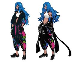  1girl absurdres arm_tattoo baggy_pants bare_shoulders belt black_belt black_jacket black_pants black_shoes blue_hair breasts bright_pupils can clothes_around_waist concept_art dark-skinned_female dark_skin eyeshadow finger_tattoo graffiti guernica_(p5t) hair_between_eyes hand_tattoo highres hip_tattoo jacket jacket_around_waist long_hair loose_belt makeup medium_breasts navel official_art open_clothes open_jacket oribe_hanako paint_on_clothes paint_splatter pants persona persona_5 persona_5_tactica pink_pupils red_eyes shirt shoes sleeveless sleeveless_shirt solo spoilers tank_top tattoo tattoo_sleeve very_long_hair wavy_hair white_background white_tank_top 