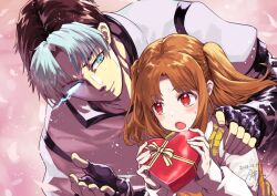  1boy 1girl black_gloves blue_eyes box brown_hair commentary_request dated fingerless_gloves gloves glowing glowing_eye grey_hair heart-shaped_box imai_nyuu long_sleeves looking_at_another looking_at_viewer m.u.g.e.n multicolored_hair red_eyes sachiel_(mugen) short_hair signature sweatdrop tsukihime twintails two-tone_hair upper_body yumizuka_satsuki 