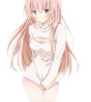  1girl alternate_costume blue_eyes breasts cleavage cleavage_cutout hiro_(hirohiro31) long_hair looking_at_viewer megurine_luka open-chest_sweater pink_hair simple_background solo sweater vocaloid white_background 