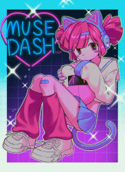  1girl absurdres animal_ear_headphones animal_ears blue_nails blue_skirt blush blush_stickers cat_ear_headphones cat_ears cat_tail character_request check_character closed_mouth commentary_request copyright_name crop_top fake_animal_ears fake_tail headphones highres kasane_teto long_sleeves looking_at_viewer menma_(enaic31) muse_dash pleated_skirt shoes single_blush_sticker skirt sneakers solo tail white_shoes 