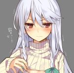  1girl blush braid cleavage_cutout flat_chest grey_background long_hair looking_at_viewer mishima_kurone open-chest_sweater original portrait red_eyes ribbed_sweater silver_hair solo sweatdrop sweater tierra_azur translated trembling tsurime turtleneck twin_braids 