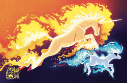  alternate_color artist_name blue_fire chinese_new_year commentary english_commentary evolutionary_line fire horns justasuta no_humans pokemon pokemon_(creature) ponyta rapidash shiny_pokemon single_horn white_fur 