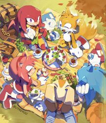  2girls 3boys :d ^_^ amy_rose animal_ear_fluff animal_ears apple artist_name autumn autumn_leaves baguette blue_eyes boots bread brown_hat cake cake_slice card checkerboard_cookie closed_eyes commentary cookie cowboy_hat cream_the_rabbit cup cupcake dress eating echidna_boy english_commentary extra_tails falling_leaves food food_on_face fork fox_boy from_above fruit furry furry_female furry_male gloves grapes grass hairband hat hedgehog_boy hedgehog_girl highres holding holding_card holding_fork indian_style kiwi_(fruit) kiwi_slice knuckles_the_echidna leaf multiple_boys multiple_girls one_eye_closed open_mouth outdoors picnic picnic_blanket rabbit_ears rabbit_girl red_boots red_dress red_hairband sitting smile sonic_(series) sonic_the_hedgehog sparkling_eyes strawberry tails_(sonic) teacup teapot twitter_username unworn_hat unworn_headwear uta2400 violet_eyes wariza white_gloves 