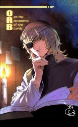  1boy absurdres badeni baehee5502 black_tabard blonde_hair blue_eyes book candle chi.:_chikyuu_no_undou_ni_tsuite commentary_request copyright_name dated english_text eyepatch highres male_focus medium_hair open_book reading scar scar_on_face scar_on_mouth scar_on_nose sky solo star_(sky) starry_sky tabard tonsure 