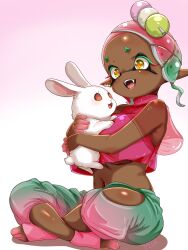 +_+ 1girl bare_shoulders breasts commentary_request frye_(splatoon) frye_(springfest)_(splatoon) hair_ornament highres inkling large_breasts multicolored_hair multiple_girls navel open_mouth pants pointy_ears rabbit sitting splatoon_(series) splatoon_3 t2ukmyjm tentacle_hair turtleneck two-tone_hair under_boob yellow_eyes 