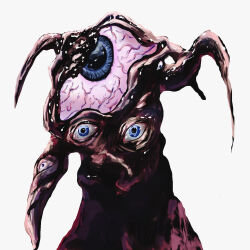  antennae arm_up bloodshot_eyes blue_eyes commentary cowboy_shot cyclops decaying_skin extra_eyes eyeball gan-q highres kaiju looking_at_viewer monster no_humans no_mouth one-eyed simple_background solo tokusatsu ultra_series ultraman_gaia_(series) white_background xaaaci zombie 