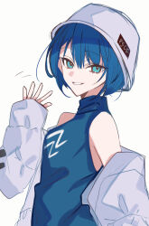  1girl absurdres blue_dress blue_eyes blue_hair bob_cut breasts bucket_hat commentary dress from_side grey_hat grey_jacket hair_between_eyes hand_up hat hatori_naco highres jacket kiritani_haruka long_sleeves looking_at_viewer medium_breasts off_shoulder official_alternate_costume open_clothes open_jacket parted_lips project_sekai short_hair sidelocks simple_background sleeveless sleeveless_dress sleeves_past_wrists smile solo tsurime turning_head turtleneck turtleneck_dress untranslatable_commentary upper_body waving white_background 