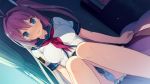  1girl akinashi_yuu antenna_hair ao_no_kanata_no_four_rhythm aqua_eyes aqua_panties blush breasts curtains dutch_angle game_cg hair_intakes hair_ornament kurashina_asuka long_hair on_bed one_side_up panties pantyshot pantyshot_(sitting) school_uniform serafuku sitting solo sweat underwear wavy_mouth window 