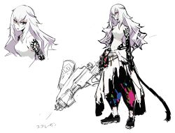  1girl absurdres arm_tattoo baggy_pants bare_shoulders belt black_pants black_shoes breasts can clothes_around_waist concept_art eyeshadow finger_tattoo graffiti guernica_(p5t) gun hair_between_eyes hand_tattoo highres hip_tattoo holding holding_gun holding_weapon jacket jacket_around_waist long_hair loose_belt makeup medium_breasts navel official_art oribe_hanako paint_gun paint_on_clothes paint_splatter pants persona persona_5 persona_5_tactica pink_eyes red_eyeshadow shirt shoes sketch sleeveless sleeveless_shirt smile smirk solo spray_can spray_paint tank_top tattoo tattoo_sleeve two-tone_pants very_long_hair wavy_hair weapon white_background white_belt white_hair white_jacket white_pants white_tank_top 