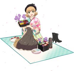  1girl aqua_kimono artist_request black_boots black_hat blonde_hair boots box floral_print floral_print_kimono flower full_body game_cg green_eyes hat highres holding holding_box japanese_clothes kimono looking_at_viewer lunchbox mieu_(tales) multicolored_kimono natalia_luzu_kimlasca_lanvaldear natalia_luzu_kimlasca_lanvaldear_(flower_viewing) official_alternate_costume official_art on_blanket on_ground open_mouth plate print_kimono purple_flower short_hair sitting smile socks solo tales_of_(series) tales_of_asteria tales_of_the_abyss third-party_source transparent_background unworn_boots white_kimono white_socks 