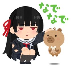  1girl arm_cutout black_hair black_jacket black_socks capybara chisa_(wuthering_waves) closed_mouth clothing_cutout commentary expressionless hair_ribbon headpat irasutoya jacket long_hair long_sleeves looking_at_viewer lowres mole mole_under_eye namipon_(wuthering_waves) official_art red_eyes red_ribbon ribbon sailor_collar socks squatting sticker_(medium) transparent_background white_sailor_collar wuthering_waves 