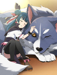  1girl absurdres animal black_capelet black_thighhighs blue_hair brown_background brown_shoes capelet closed_eyes commentary_request dog earrings feather_hair_ornament feathers genjitsu_no_yohane grey_fur grey_skirt hair_bun hair_ornament heart heart_earrings highres jewelry lailaps_(genjitsu_no_yohane) long_hair love_live! love_live!_sunshine!! oversized_animal shirt shoes single_hair_bun sitting skirt thigh-highs tsushima_yoshiko vorupi white_shirt yohane_(genjitsu_no_yohane) 
