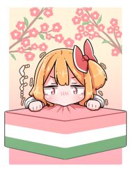  1girl blonde_hair blush bow commentary_request flower food food_request hair_bow highres long_hair long_sleeves one_side_up pink_flower red_bow roco_(katsuya1011) rumia shirt solo touhou translation_request trembling white_shirt 