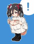  ! &gt;:o 1girl :o black_hair blue_background breast_conscious cleavage_cutout knees loafers long_hair love_live!_school_idol_project nail_polish no_pants open-chest_sweater red_eyes ribbed_sweater shoes solo sukaru573 sweater turtleneck twintails yazawa_nico 
