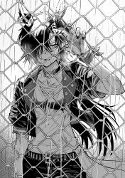 1girl against_fence air_shakur_(umamusume) air_shakur_(unsigned)_(umamusume) animal_ears chain-link_fence choker collarbone commentary_request cropped_jacket ear_ornament fence greyscale hair_over_one_eye highres horse_ears horse_girl jacket karate_(karatedazey) long_hair looking_at_viewer monochrome one_eye_covered open_clothes open_jacket parted_lips rain shirt short_sleeves shorts solo standing steam umamusume upper_body wet wet_clothes 
