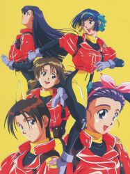  1990s_(style) 5girls black_hair blue_eyes blue_hair bodysuit brown_hair cropped_jacket emblem forehead gloves grey_gloves hairband harness highres idol_boueitai_hummingbird jacket long_bangs long_hair long_sleeves multiple_girls non-web_source official_art open_mouth parted_lips pink_hairband profile purple_hair red_jacket retro_artstyle scan short_hair simple_background smile teeth toreishi_kanna toreishi_mina toreishi_satsuki toreishi_uzuki toreishi_yayoi translation_request upper_teeth_only wavy_hair yellow_background 